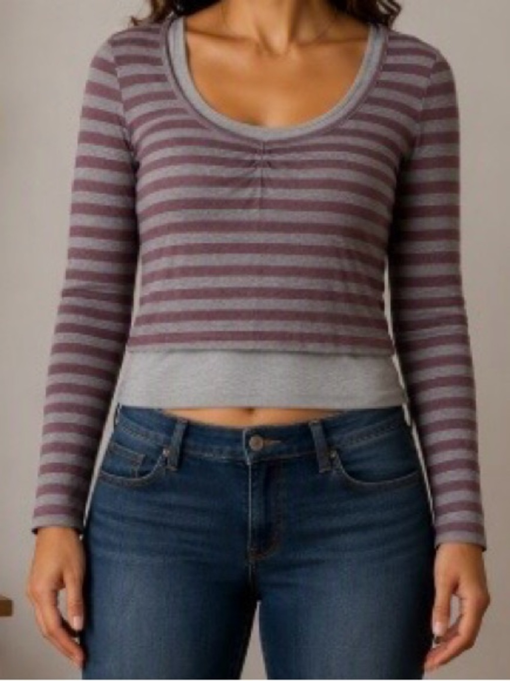 Striped Scoop-Neck Crop Top in Mauve and Gray